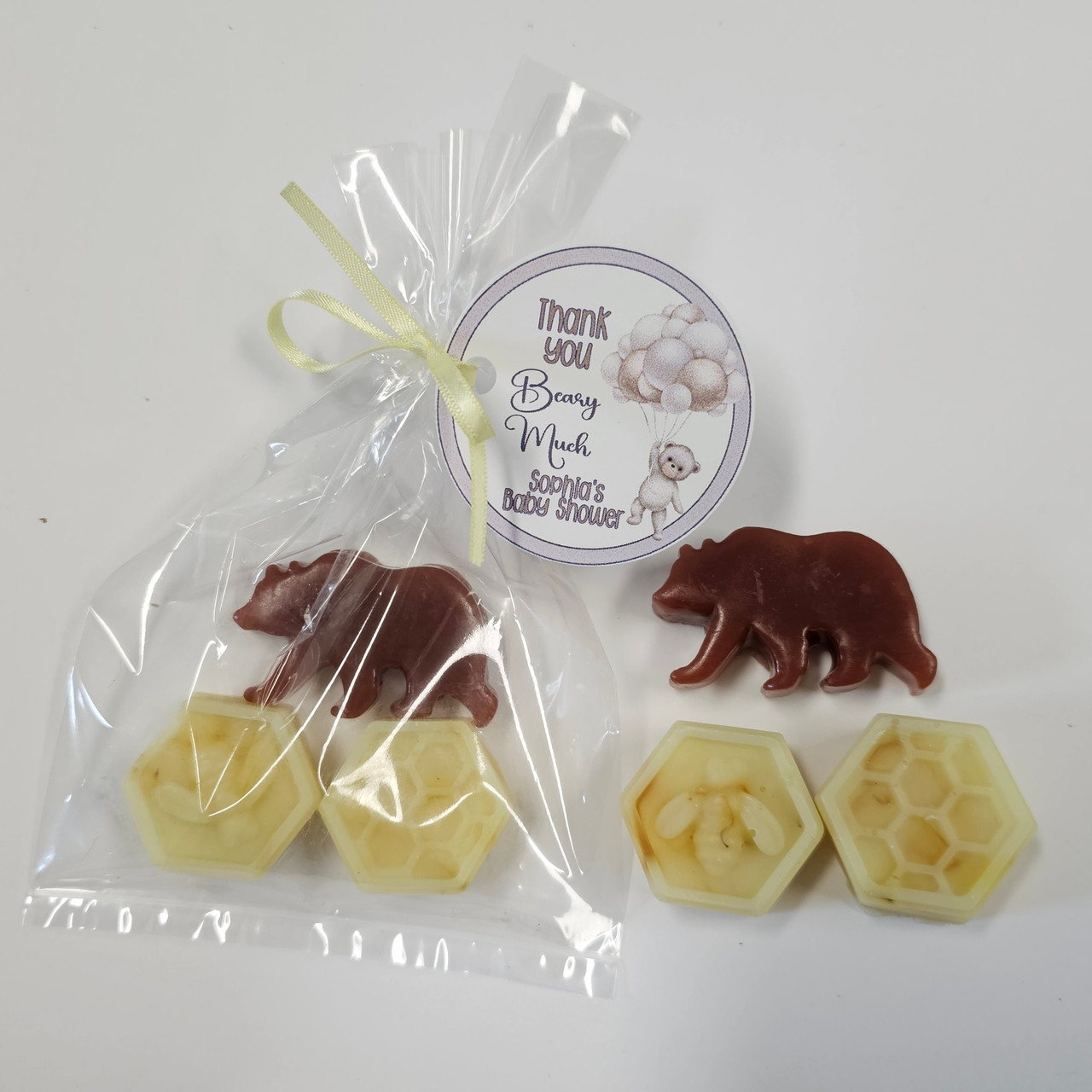 bear with bee soap party favor with personalized tags